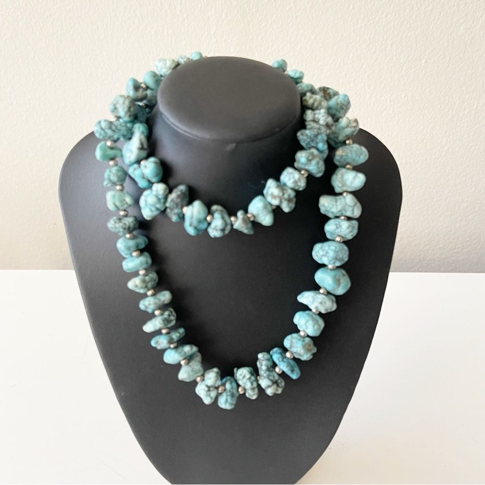 Turquoise Nugg Necklace Long Chunky Natural‎ Stone Southwestern Boho Silver Tone